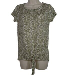 Ann Taylor Loft Leaf Print Linen Tie Front Top Women Size XS Green Short Sleeve
